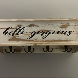 Rustic White and Brown Wall Shelf with Hooks